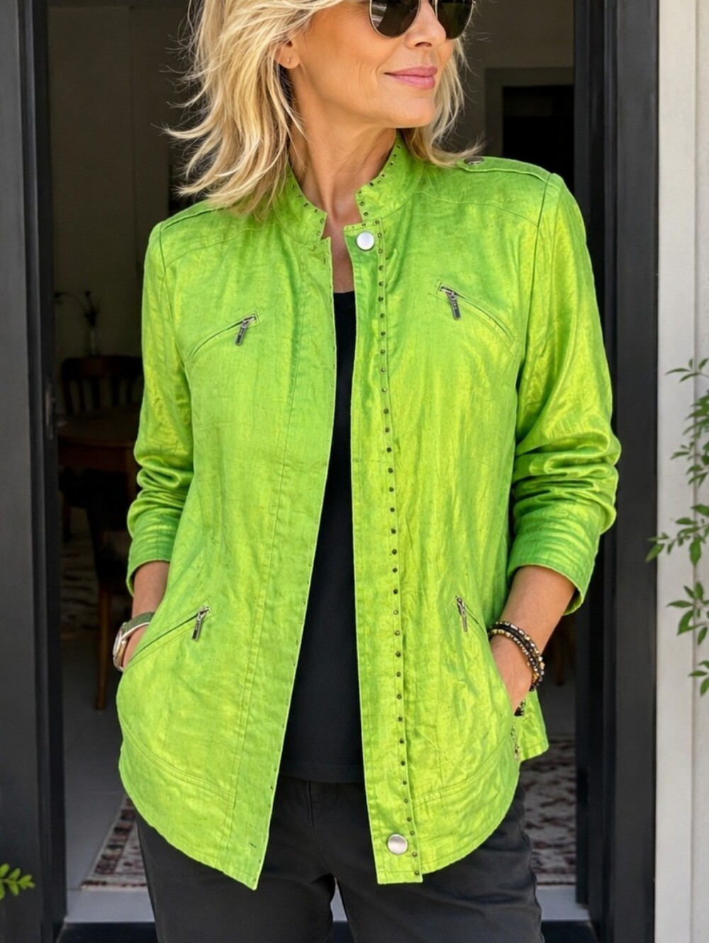 Berek Linen Metallic Lime Green Studded Moto Jacket Wearable Art Small